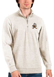Antigua Cleveland Browns Mens Oatmeal Action Long Sleeve 1/4 Zip Pullover