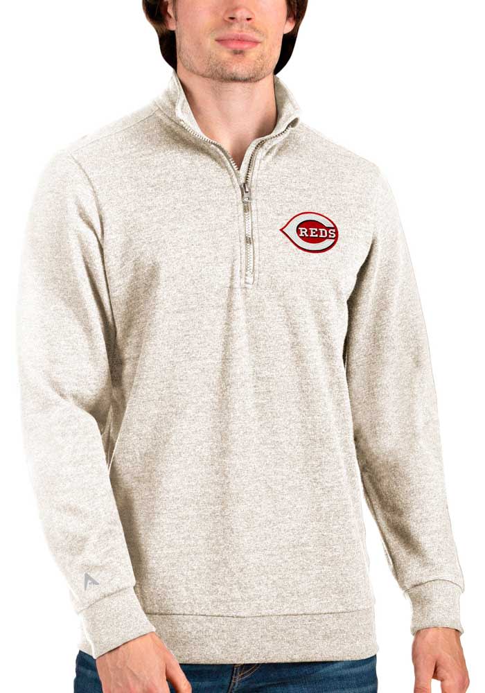 Antigua Cincinnati Reds Mens Oatmeal Action Pullover Long Sleeve 1/4 Zip Fashion Pullover
