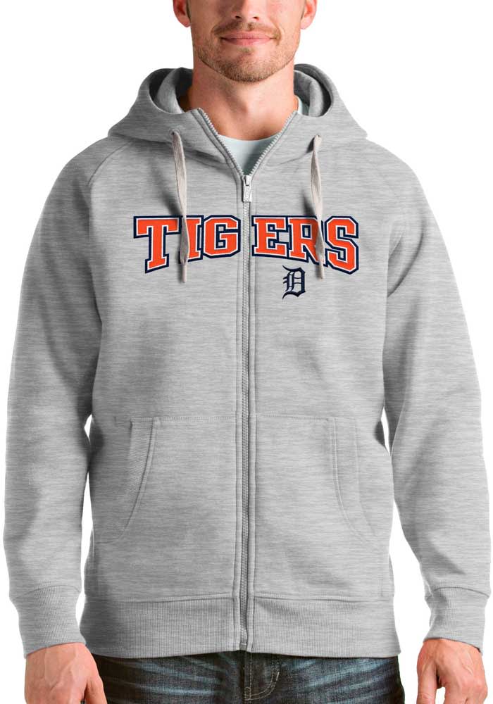 Antigua Detroit Tigers Grey Victory Long Sleeve Full Zip Jacket, Grey, 65% Cotton / 35% POLYESTER, Rally House