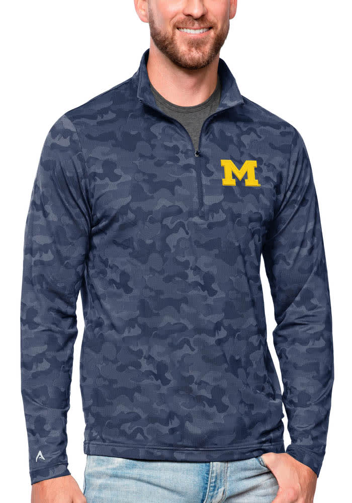 Antigua Michigan Wolverines Mens Navy Blue Brigade Long Sleeve 1/4 Zip Pullover