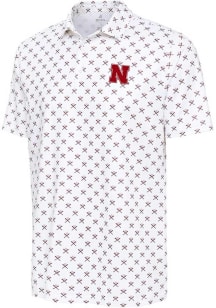 Mens Nebraska Cornhuskers White Antigua Baseball Strike Out Short Sleeve Polo Shirt