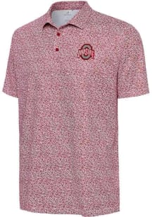 Mens Ohio State Buckeyes Red Antigua Field Ditsy Short Sleeve Polo Shirt