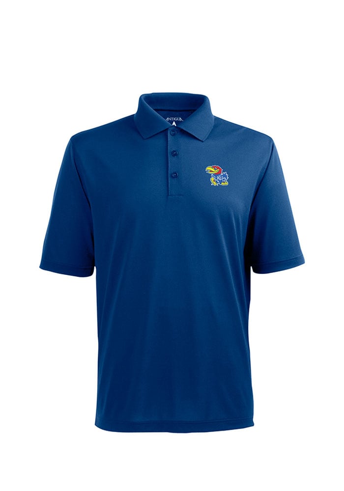 Antigua Kansas Jayhawks Mens Blue Pique Xtra-Lite Short Sleeve Polo