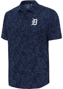 Antigua Detroit Tigers Mens Navy Blue Lush Short Sleeve Dress Shirt