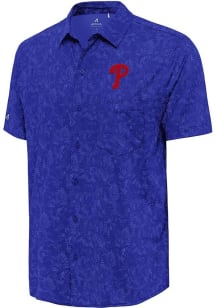 Antigua Philadelphia Phillies Mens Blue Lush Short Sleeve Dress Shirt
