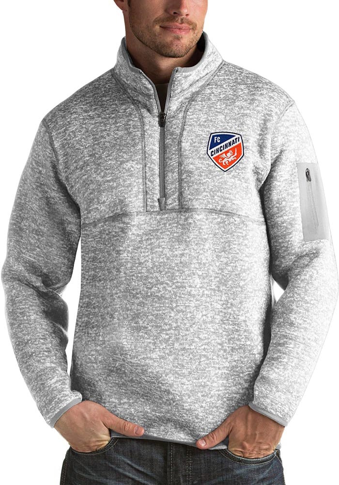 Antigua FC Cincinnati Mens Grey Fortune Long Sleeve Qtr Zip Pullover