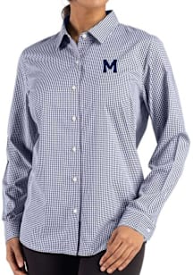 Womens Michigan Wolverines Navy Blue Cutter and Buck Vault Epic Confidence Gingham Long Sleeve Dre..