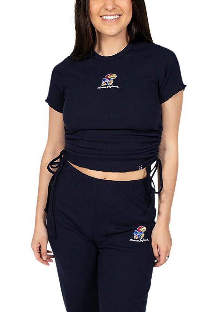 Hype and Vice Kansas Jayhawks Womens Navy Blue Rivington Ribbed Short Sleeve T-Shirt