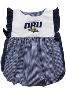 Vive La Fete Oral Roberts Golden Eagles Baby Girls Navy Blue Gingham Bubble Short Sleeve Dress
