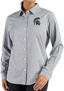 Womens Michigan State Spartans Green Cutter and Buck Epic Confidence Gingham Long Sleeve Dress Shi..