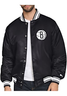 Starter Brooklyn Nets Mens Black Satin Varisty Medium Weight Jacket