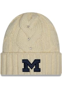 New Era Michigan Wolverines White DL Rhinestone Cable Cuff Womens Knit Hat