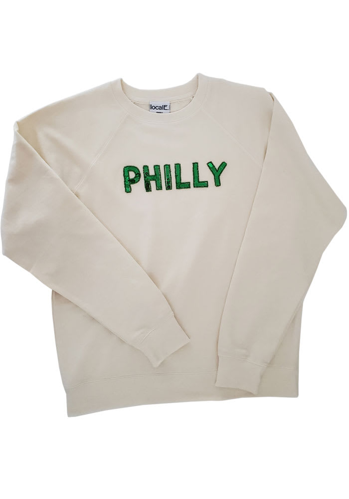 localE Philadelphia Women's Oatmeal Sequins Wordmark Unisex Long Sleeve Crew Sweatshirt