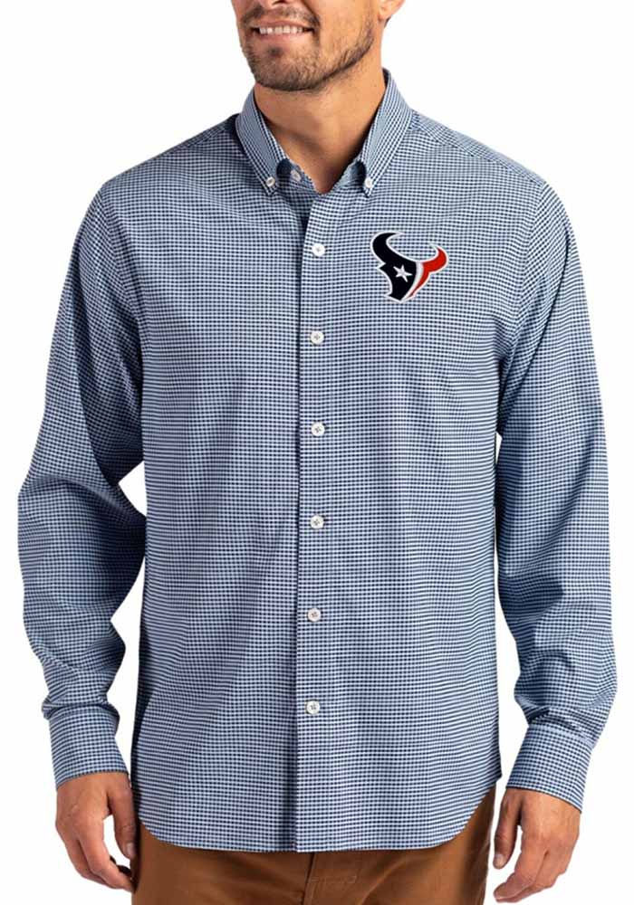 houston texans dress shirt Cutter & Buck Houston Texans - Skyline Recycled Gingham Mens Big & Tall Long Sleeve Button Down Dress Shirt in Pale Blue/Navy Blue