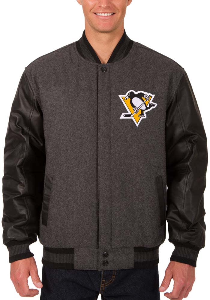 Pittsburgh Penguins Mens Grey Reversible Wool Leather Heavyweight Jacket