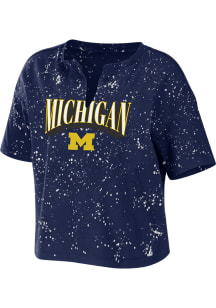 WEAR by Erin Andrews Michigan Wolverines Womens Navy Blue Bleach Splatter Short Sleeve T-Shirt