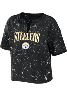 WEAR by Erin Andrews Pittsburgh Steelers Womens Black Bleach + Short Sleeve T-Shirt