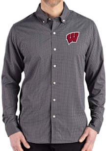 Mens Wisconsin Badgers Black Cutter and Buck Gingham LS Woven Long Sleeve Dress Shirt