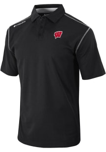 Mens Wisconsin Badgers Black Columbia Heat Seal Omni Wick Shotgun Short Sleeve Polo Shirt