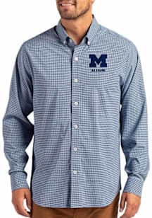 Mens Michigan Wolverines Light Blue Cutter and Buck Alumni Gingham LS Woven Long Sleeve Dress Shir..