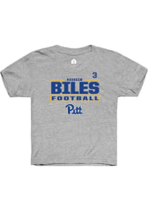 Rasheem Biles Youth Grey Pitt Panthers NIL Stacked Box Short Sleeve Player T-Shirt