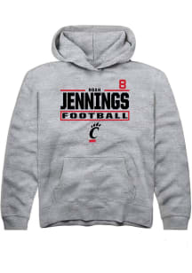 Noah Jennings Rally Youth Grey Cincinnati Bearcats NIL Stacked Box Long Sleeve Player Hoodie