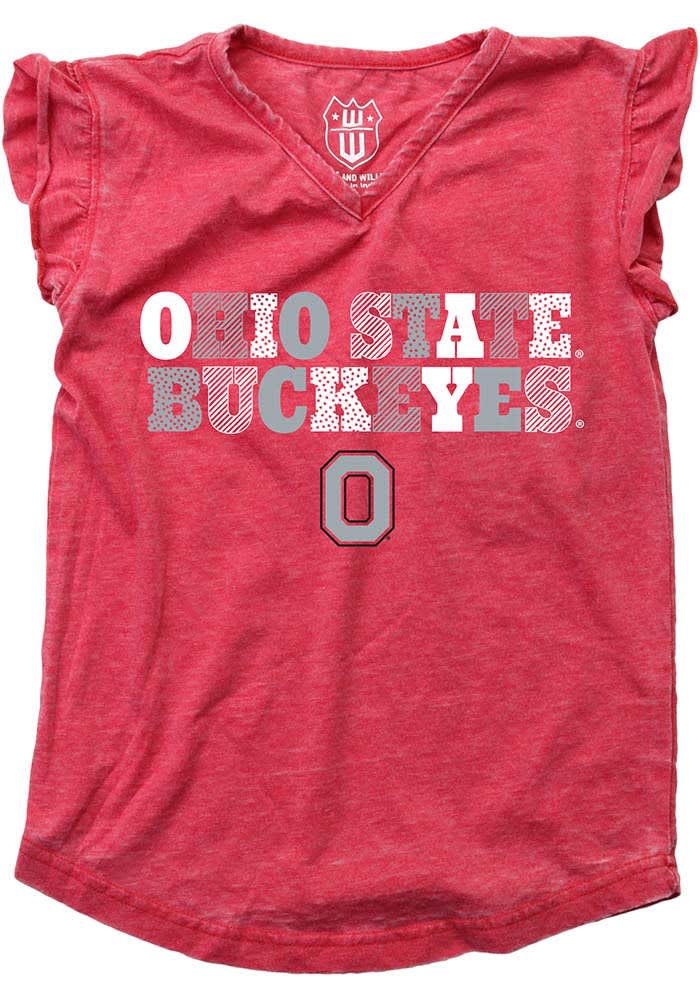 Wes and Willy Ohio State Buckeyes Toddler Girls Red Burn Out Multi Font Short Sleeve T-Shirt