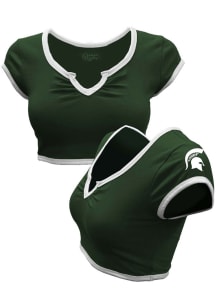 Michigan State Spartans Womens Green V Notch Cropped Ringer Short Sleeve T-Shirt
