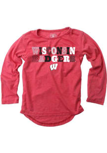 Wes and Willy Wisconsin Badgers Girls Red Hi-Lo Multi Font Long Sleeve T-shirt