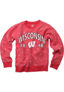 Girls Wisconsin Badgers Red Wes and Willy Shimmer Long Sleeve Crew Sweatshirt