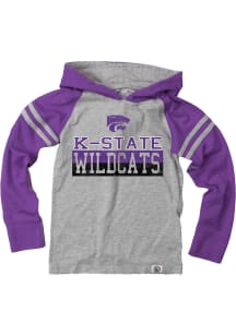 Youth K-State Wildcats Grey Wes and Willy Sleeve Stripe Stack Wordmark Long Sleeve Hooded Sweats..