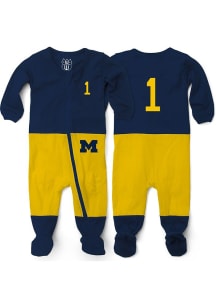 Baby Michigan Wolverines Navy Blue Wes and Willy Football Zip Loungewear One Piece Pajamas