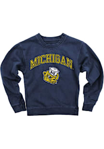 Wes and Willy Michigan Wolverines Youth Blue Pigment Dyed Vintage Arch Mascot Long Sleeve Crew Swe..