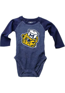 Baby Michigan Wolverines Blue Wes and Willy Raglan Mascot Long Sleeve One Piece
