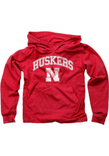 Boys Nebraska Cornhuskers Red Wes and Willy Jersey Vintage Arch Mascot Long Sleeve Hooded Sweatshi..