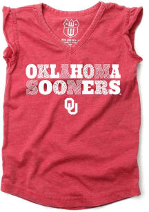 Oklahoma Sooners Girls Cardinal Ruffle Multi Font Short Sleeve Fashion T-Shirt