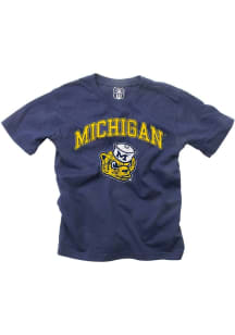 Youth Michigan Wolverines Navy Blue Wes and Willy Jersey Vintage Arch Mascot Short Sleeve T-Shir..