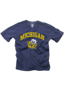 Wes and Willy Michigan Wolverines Boys Navy Blue Jersey Vintage Arch Mascot Short Sleeve T-Shirt
