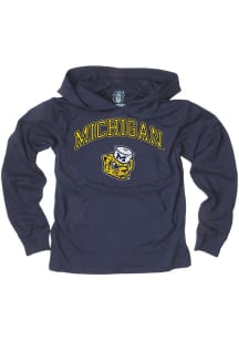 Boys Michigan Wolverines Navy Blue Wes and Willy Vintage Arch Mascot Long Sleeve Hooded Sweatshi..