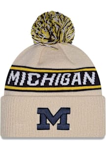 New Era Michigan Wolverines Natural DL Team Slogan Pom Cuff Mens Knit Hat
