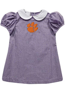 Vive La Fete Clemson Tigers Baby Girls Purple Gingham Collar Short Sleeve Dress