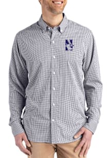 Mens Northwestern Wildcats Black Cutter and Buck Skyline Long Sleeve Dress Shirt