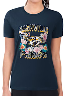 4Her Nashville Predators Womens Navy Blue Flowers Fitted Short Sleeve T-Shirt