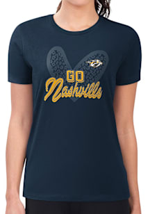 4Her Nashville Predators Womens Navy Blue Leopard Heart Fitted Short Sleeve T-Shirt