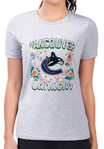 4Her Vancouver Canucks Womens Grey Flowers Fitted Design Short Sleeve T-Shirt