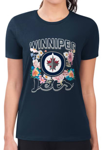 4Her Winnipeg Jets Womens Navy Blue Flowers Fitted Design Short Sleeve T-Shirt