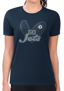 4Her Winnipeg Jets Womens Navy Blue Leopard Heart Fitted Short Sleeve T-Shirt