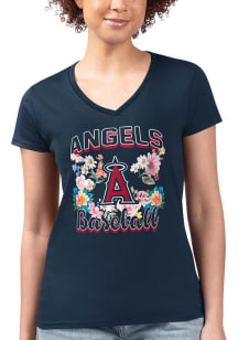 4Her Los Angeles Angels Womens Navy Blue Flowers Fitted Design Short Sleeve T-Shirt