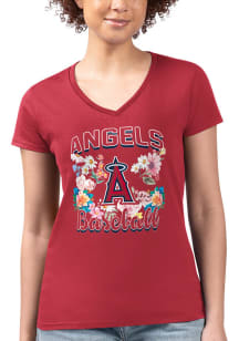 4Her Los Angeles Angels Womens Red Flowers Fitted Design Short Sleeve T-Shirt