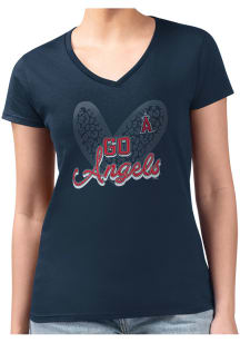 4Her Los Angeles Angels Womens Navy Blue Leopard Heart Fitted Design Short Sleeve T-Shirt